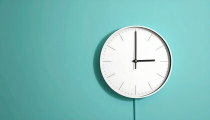 A simple white clock on a teal wall, hands pointing at three o'clock