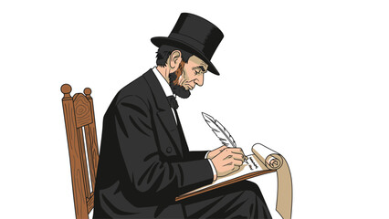 Illustration of a historical man in formal attire writing with a quill pen while seated.