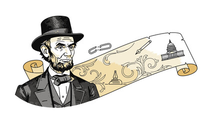 Illustration of Abraham Lincoln with a historical scroll featuring iconic American symbols.