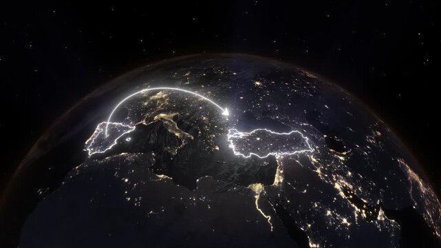 Realistic 3D Earth Night Flight Path Arc from Madrid Spain to Istanbul Turkey