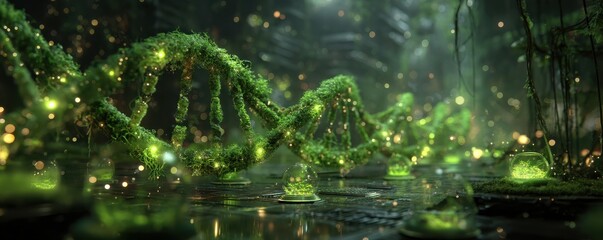 Futuristic glowing DNA strands in a mossy lab evoke sci-fi biology and bioengineering scenes
