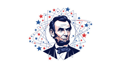 Illustration of Abraham Lincoln with atomic and patriotic symbols.