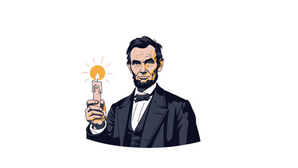 Illustration of Abraham Lincoln holding a glowing light bulb symbolizing innovation and ideas.