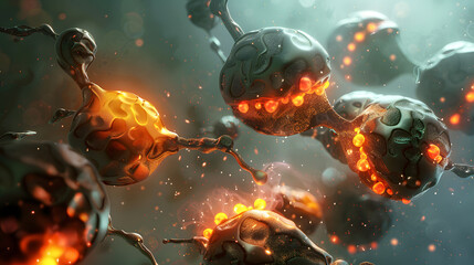 Dark 3D illustration of cancer cells under magnification, highlighting abnormal forms in science.