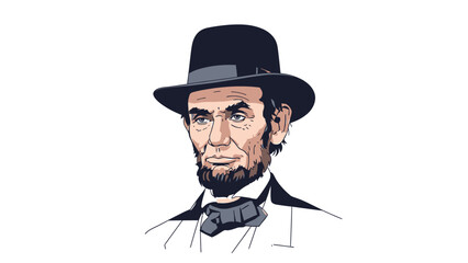 Illustration of Abraham Lincoln wearing a black hat and bow tie.