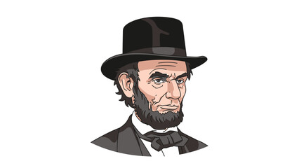 Illustration of a man resembling a historical figure wearing a black hat and bow tie.