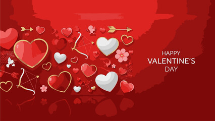Digital illustration of various red hearts and flowers with 'Happy Valentine's Day' text on a dark red background with a shallow depth of field and warm tones.