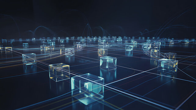 Abstract background of glowing transparent cubes connected by lines, representing a decentralized network, blockchain technology, or global data exchange - Powered by Adobe