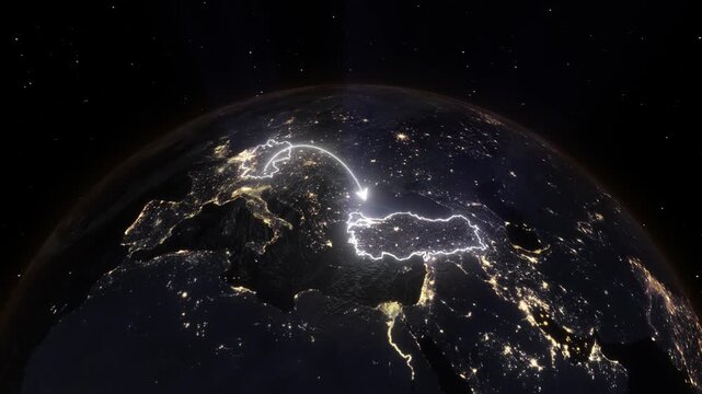 Realistic 3D Earth Night Flight Path Arc from Munich Germany to Istanbul Turkey