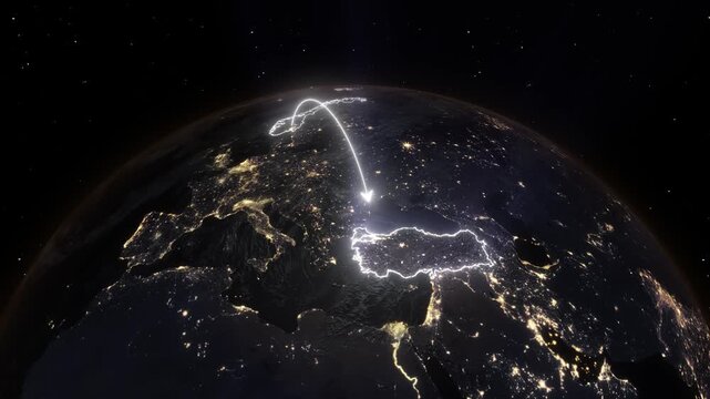 Realistic 3D Earth Night Flight Path Arc from Oslo Norway to Istanbul Turkey
