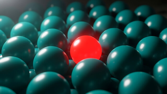 Conceptual 3D illustration of a single vibrant red sphere standing out among a vast crowd of teal blue globes representing anomaly detection outlier identification and unique individuality.
