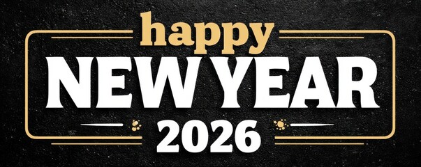 Happy New Year 2026 design with bold white year text on black glitter background