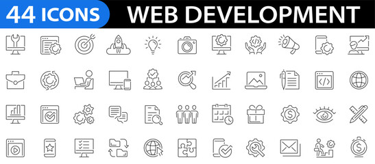 Fototapeta na wymiar Web development 44 icon set. Technology development icons. Marketing, analytics, e-commerce, digital, management, seo and more. Editable stroke. Vector illustration
