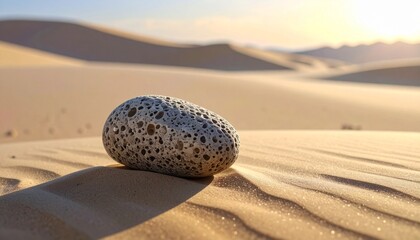 Smooth speckled stone resting on sunlit sand, minimalist zen still life, warm golden light, soft shadows, calm and meditative natural composition