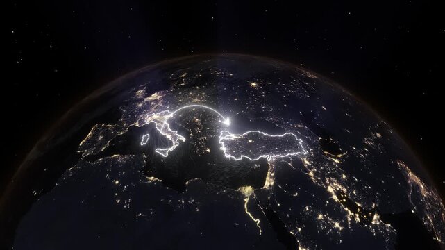Realistic 3D Earth Night Flight Path Arc from Rome Italy to Istanbul Turkey