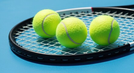Three tennis balls rest on a racket atop a blue surface