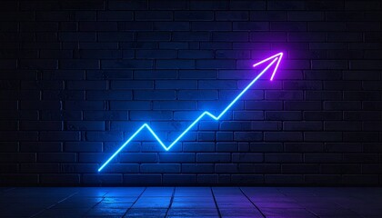 Neon glowing upward arrow graph on dark brick wall, business growth and success concept, cyberpunk style lighting, high contrast, modern digital finance aesthetic