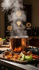 Zero-Waste Bone Broth Simmering in Luxurious Copper Pot with Futuristic Sustainability Holograms in Steam