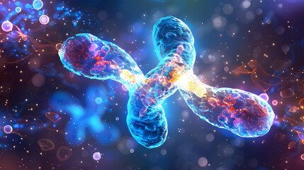 Glowing 3D illustration of a single biological cell with light, detailed structure, science concept.