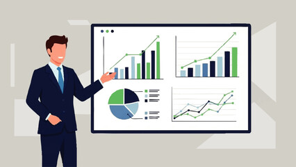 Businessman presenting data on digital screen.