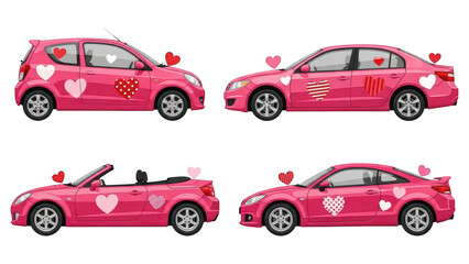 Fototapeta premium Pink Cars Decorated with Hearts - Isolated