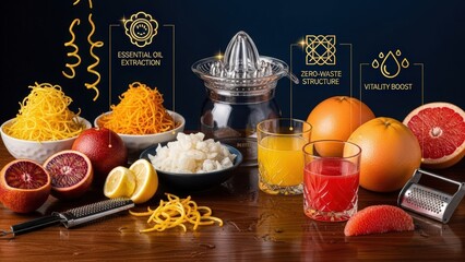 Luxurious Zero-Waste Citrus Processing Station with Blood Oranges, Zest, and Juice, Featuring Futuristic Golden Holographic Icons for Sustainability and Vitality