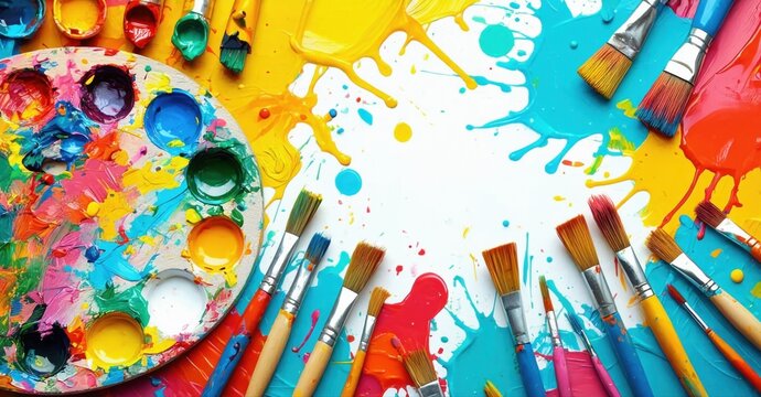 Colorful paints, brushes scattered. Bright palette, vibrant hues create artistic mess. Creative tools suggest painting process.