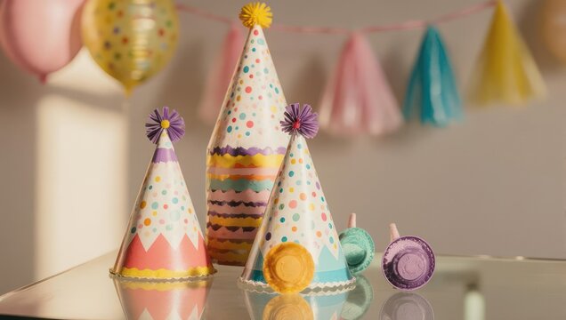 Close-up of party hats and noisemakers on a reflective table with balloons and streamers