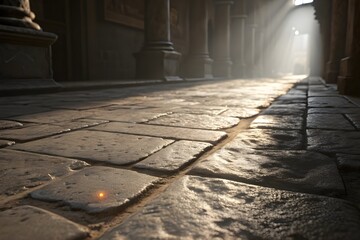 Close-up of an ancient stone floor covered in dust as sunlight reveals a faint glowing trail across textured surfaces - AI Generated