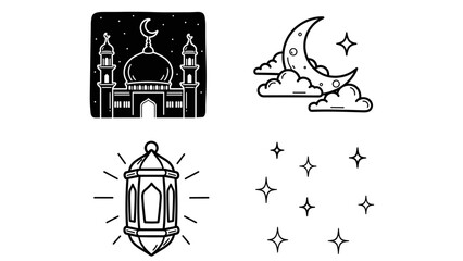 Stylized line art collection depicting traditional Islamic symbols for spiritual reflection and celebration, featuring a mosque, radiant lantern, crescent moon, and twinkling stars