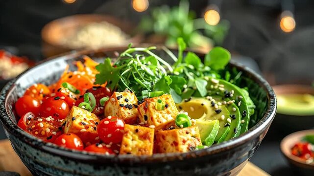 Delicious and vibrant vegan poke bowl with fresh vegetables and tofu.