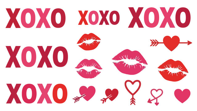 Vector illustration of hearts, lips, and XOXO symbols in various shades of red and pink on a white background d25.eps style
