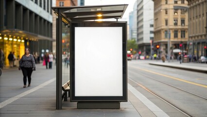 City tram stop features empty advertisement panel, surrounded by urban architecture and pedestrians