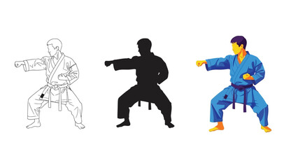 Set of three icons representing an archer aiming a bow and arrow in different styles outline, silhouette, and color illustration