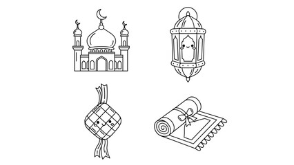 Fototapeta premium Adorable monochrome line art collection of Islamic symbols for Ramadan and Eid al-Fitr, featuring a mosque, traditional lantern, ketupat, and prayer mat designs