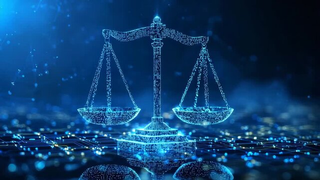 Digital scales representing justice in a futuristic setting with binary code and data points in the background