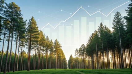 Serene forest landscape with tall trees is overlaid with financial data graphs, symbolizing investment growth