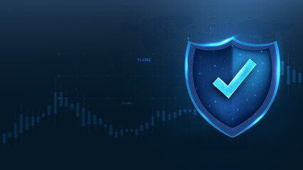 A digital shield symbolizing cybersecurity, featuring a check mark, set against a dark blue background with abstract data patterns.