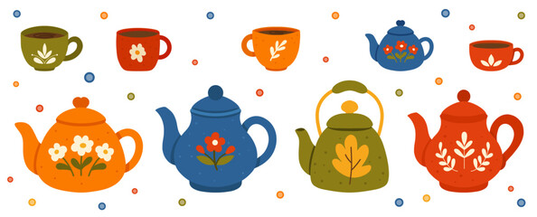 Tea set with colorful teapots and cups in a row with small decorative dots. For cafe menus, packaging, stickers, posters, web banners.