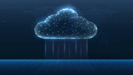A futuristic digital cloud symbolizing data transfer and connectivity, featuring glowing nodes and lines in a dark atmosphere with a tech-inspired design.