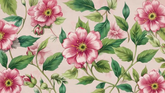 Floral pattern with pink flowers and green leaves on a beige background.