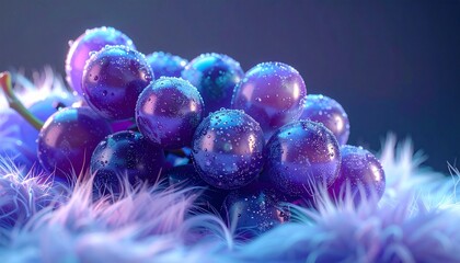 The image features a cluster of iridescent, crystalline grapes covered in shimmering dew drops, resting on a bed of glowing, violet fiber-optic fur. It is ideal for surreal art portfolios, luxury perf