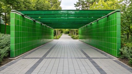 Vibrant green pedestrian underpass with tiled walls and paved walkway surrounded by lush greenery