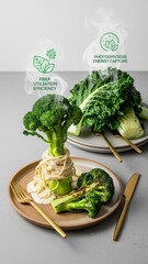 Sophisticated Zero-Waste Deconstructed Broccoli Plating with Futuristic Sustainability and Nutrition Holograms in Modern Fine Dining Setting