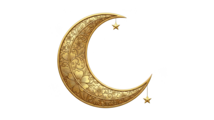 Ornate golden crescent moon with dangling stars, decorative Islamic motif on white.