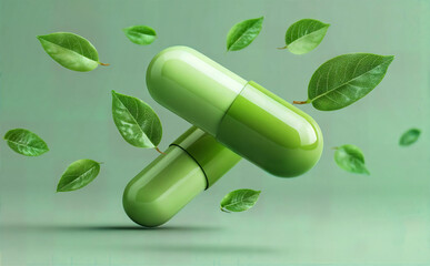 Green capsules surrounded by floating leaves on a light green background for wellness concepts