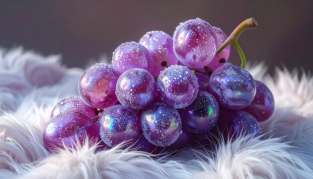 The image features a cluster of iridescent, crystalline grapes covered in shimmering dew drops, resting on a bed of glowing, violet fiber-optic fur. It is ideal for surreal art portfolios, luxury perf