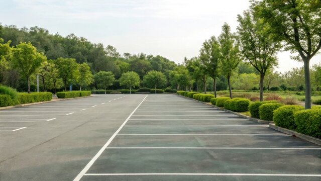 Empty parking lot surrounded by lush green trees and bushes, creating serene and peaceful atmosphere