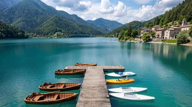 Scenic View Of Wooden Pier With Small Wooden Boats And Kayaks On Turquoise Lake Barcis Surrounded By Green Mountains And Village In Italy