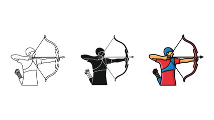 Set of three rowing illustrations line art sketch, solid silhouette, and colorful vector graphic of a sculler in a single shell